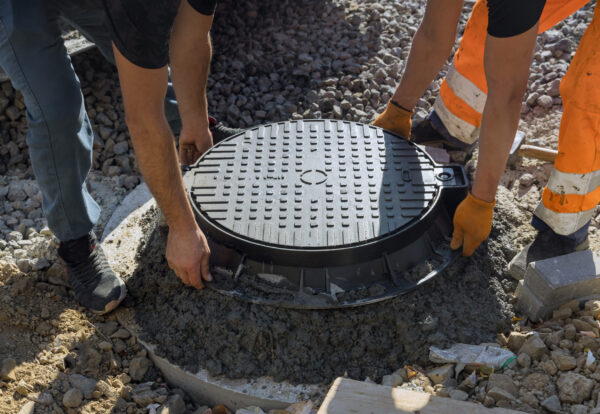A cast iron sewer installed in concrete well, preparation for installation of water sewer well ground