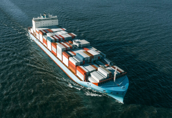 High angled view of cargo vessel in the sea