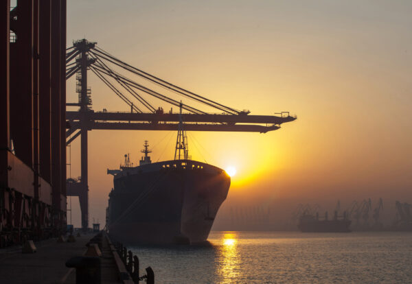 Container ship and cranes at port