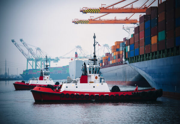 Container ship and tugboats in harbor, Tacoma, Washington, USA