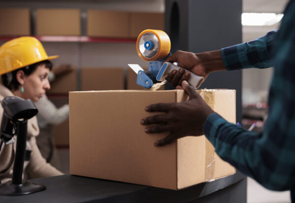 Factory warehouse worker packing freight for transportation using adhesive tape gun. African american man arms closing cargo package and sealing cardboard box in industrial storehouse close up