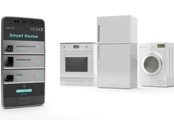 Smart home app, remote control. Home appliances set and mobile phone against white background. Fridge, electric stove and washing dryer machine. 3d illustration
