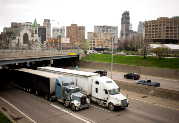 Big Rigs frequent the highways in and around Detroit Michigan in a horizontal composition