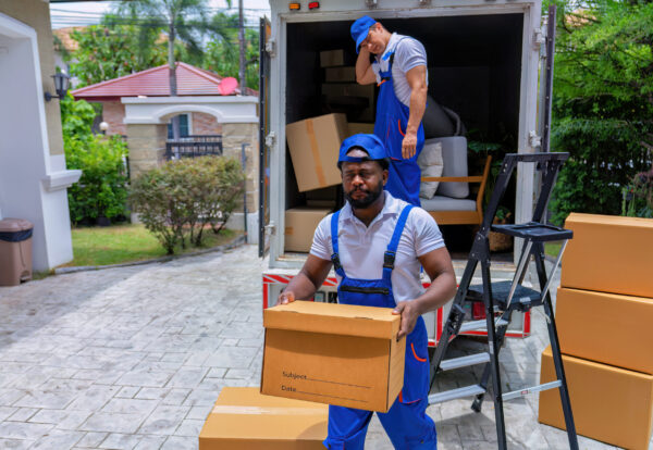 Professional goods move service use truck carry personal belongings door to door transport delivery handover boxes luggage one by one and keep stack on the floor before transfer to place in house