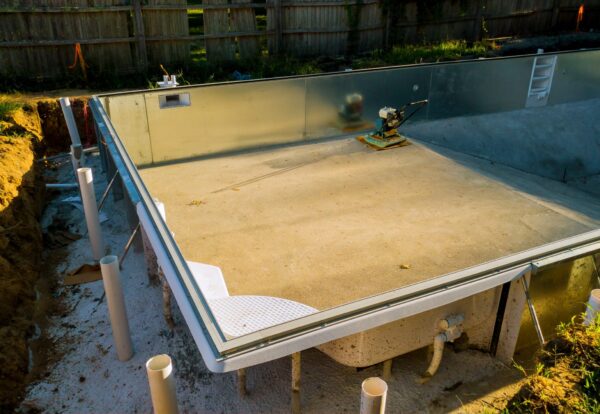 Swimming pool under construction works for the installation of a swimming pool.