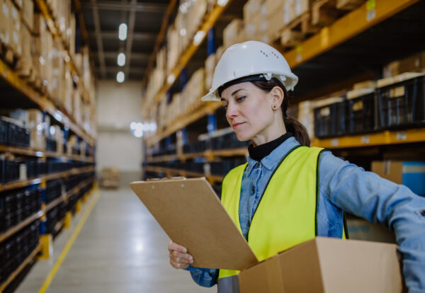 Warehouse female worker checking up stuff in warehouse.
